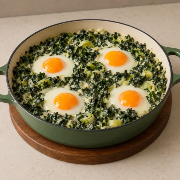 Cultured-cream kale and four unseasoned set-white, runny-yolk eggs in a green two-loop braiser