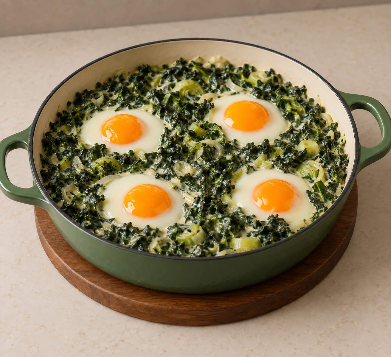Cultured-cream kale and four unseasoned set-white, runny-yolk eggs in a green two-loop braiser