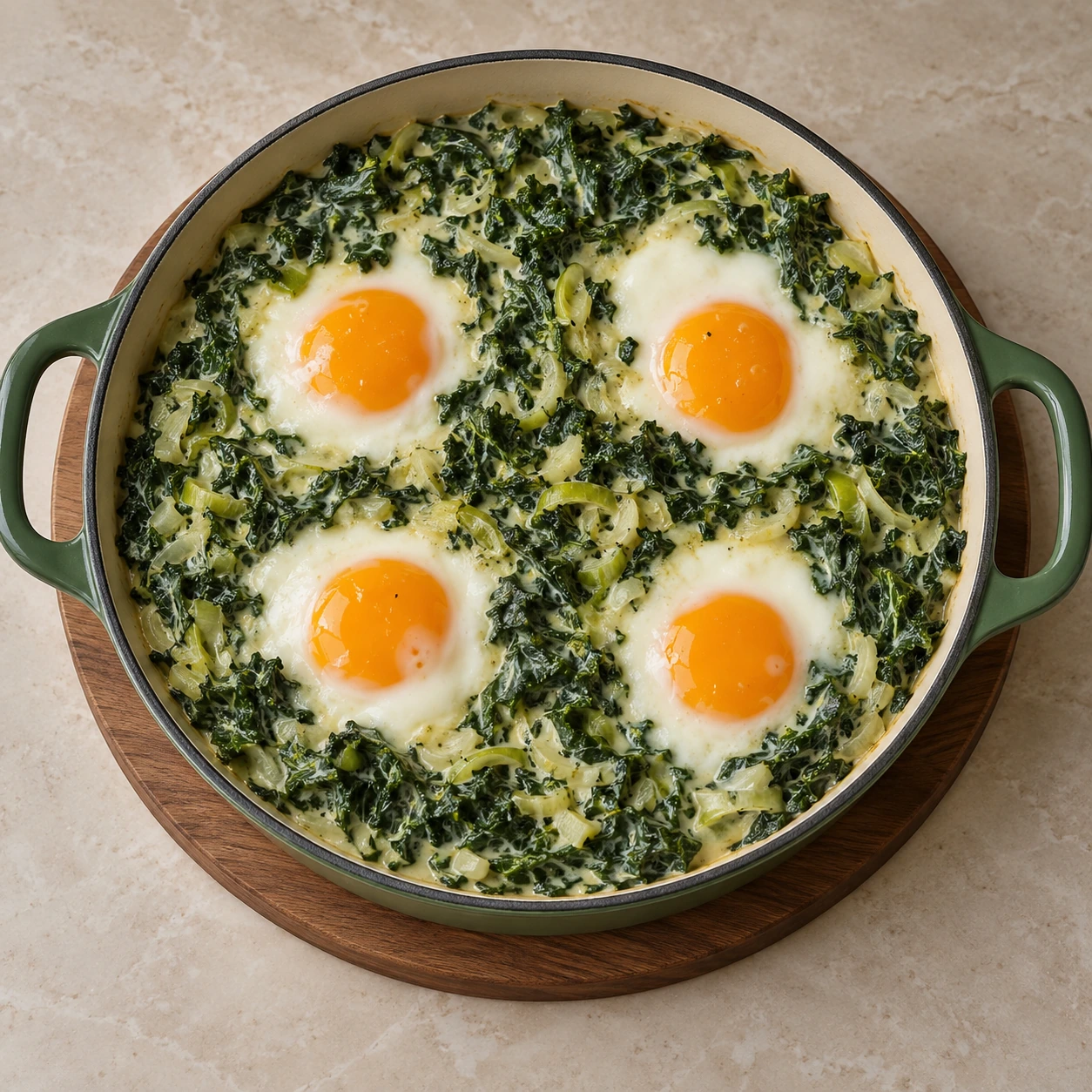 Overhead cultured-cream kale with four set-white, runny-yolk eggs
