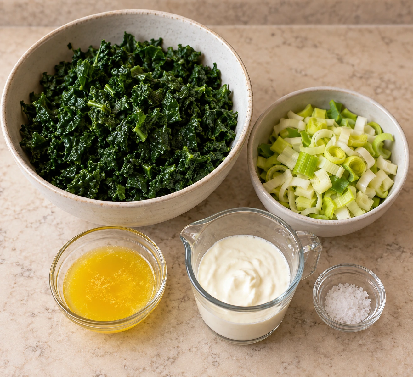 Boiled dried kale with measured leek, ghee, cultured cream, and salt