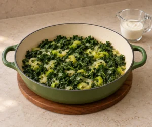 Kale and leek warming before measured cultured cream is added