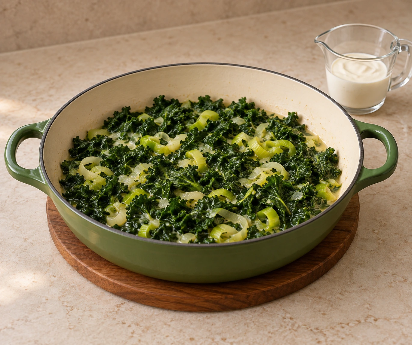 Kale and leek warming before measured cultured cream is added