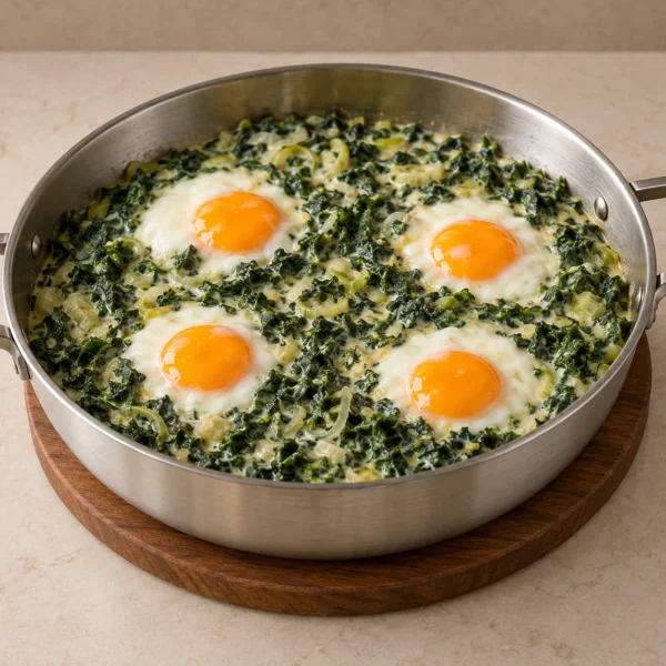 Coconut-milk kale and four set-white, runny-yolk eggs in a stainless two-loop braiser