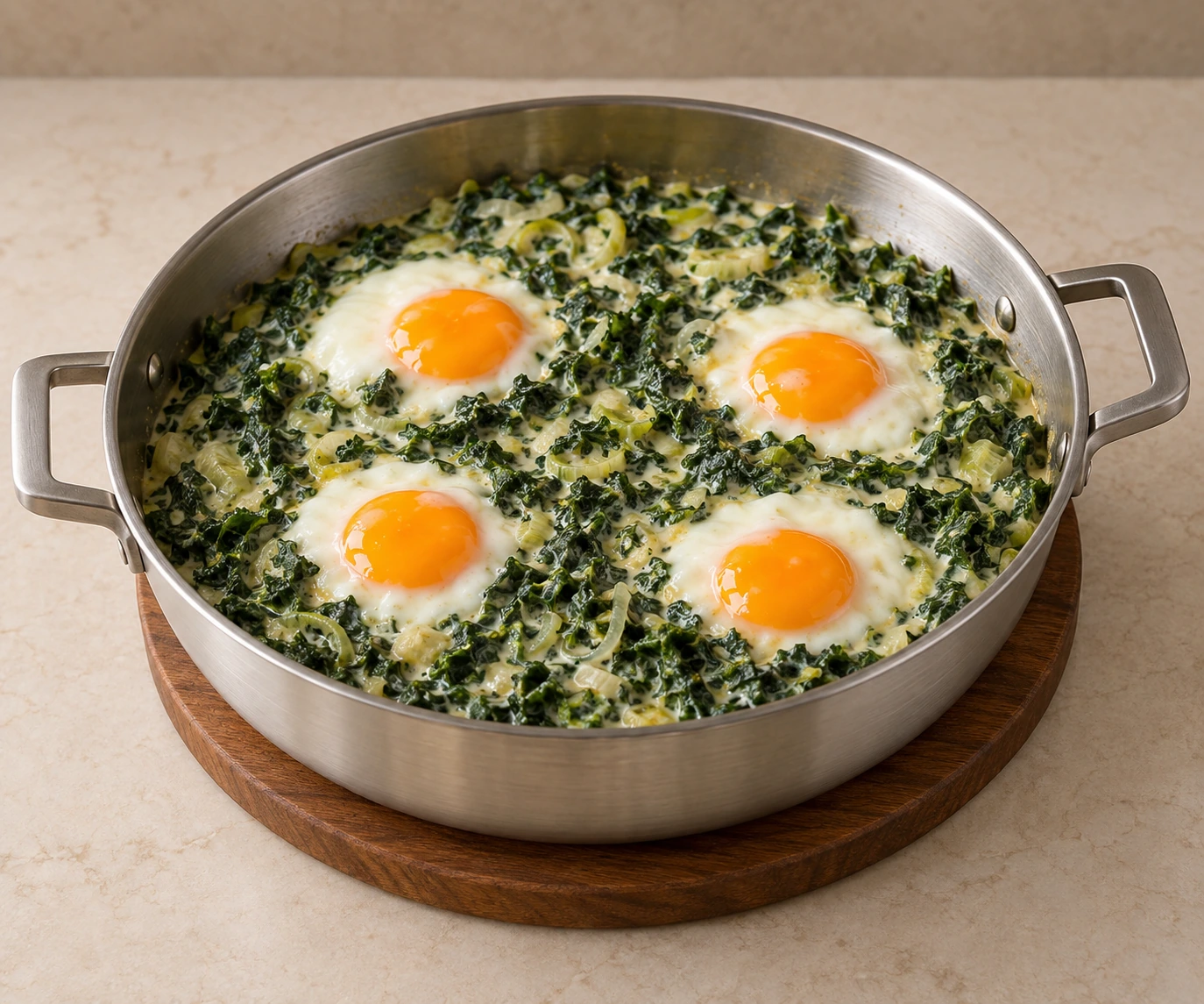 Coconut-milk kale and four set-white, runny-yolk eggs in a stainless two-loop braiser