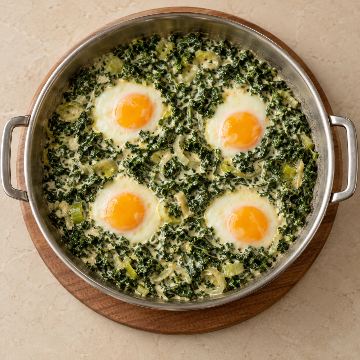 Overhead coconut-milk kale with four set-white, runny-yolk eggs