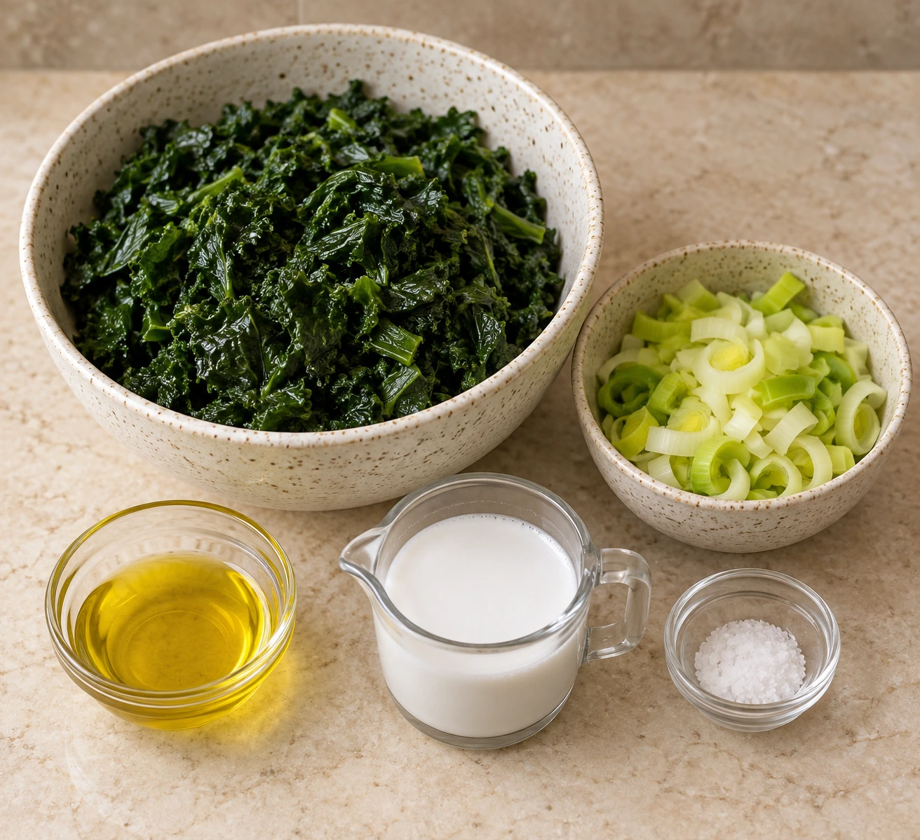 Boiled dried kale with measured leek, ghee, homemade coconut milk, and salt
