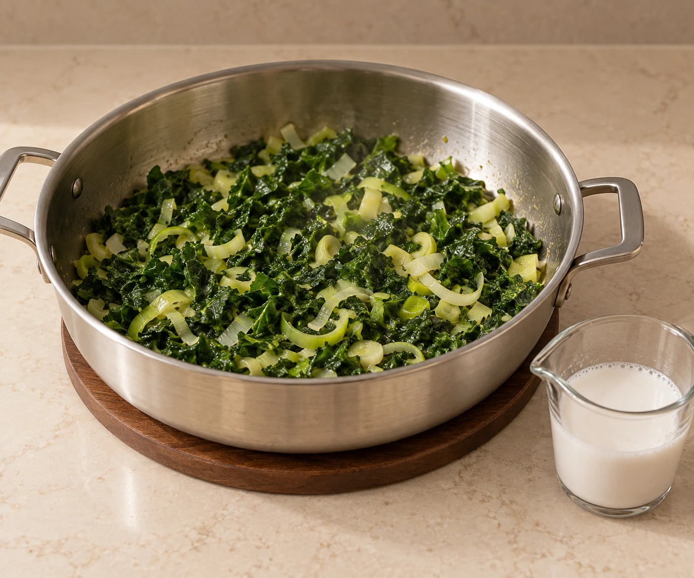 Kale and leek warming before measured homemade coconut milk is added