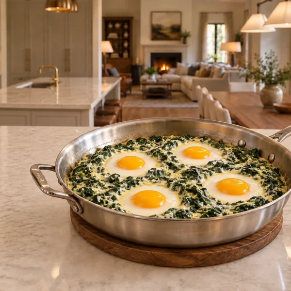 Eggs Florentine with exactly four set-white soft-yolk eggs