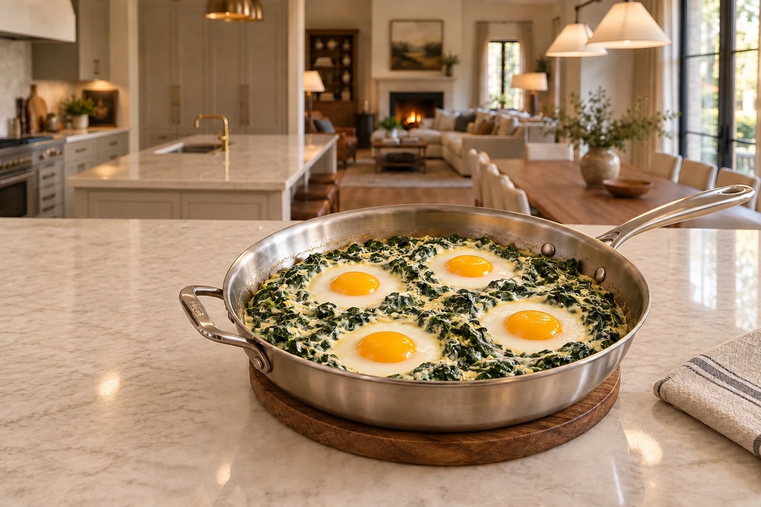 Eggs Florentine with exactly four set-white soft-yolk eggs