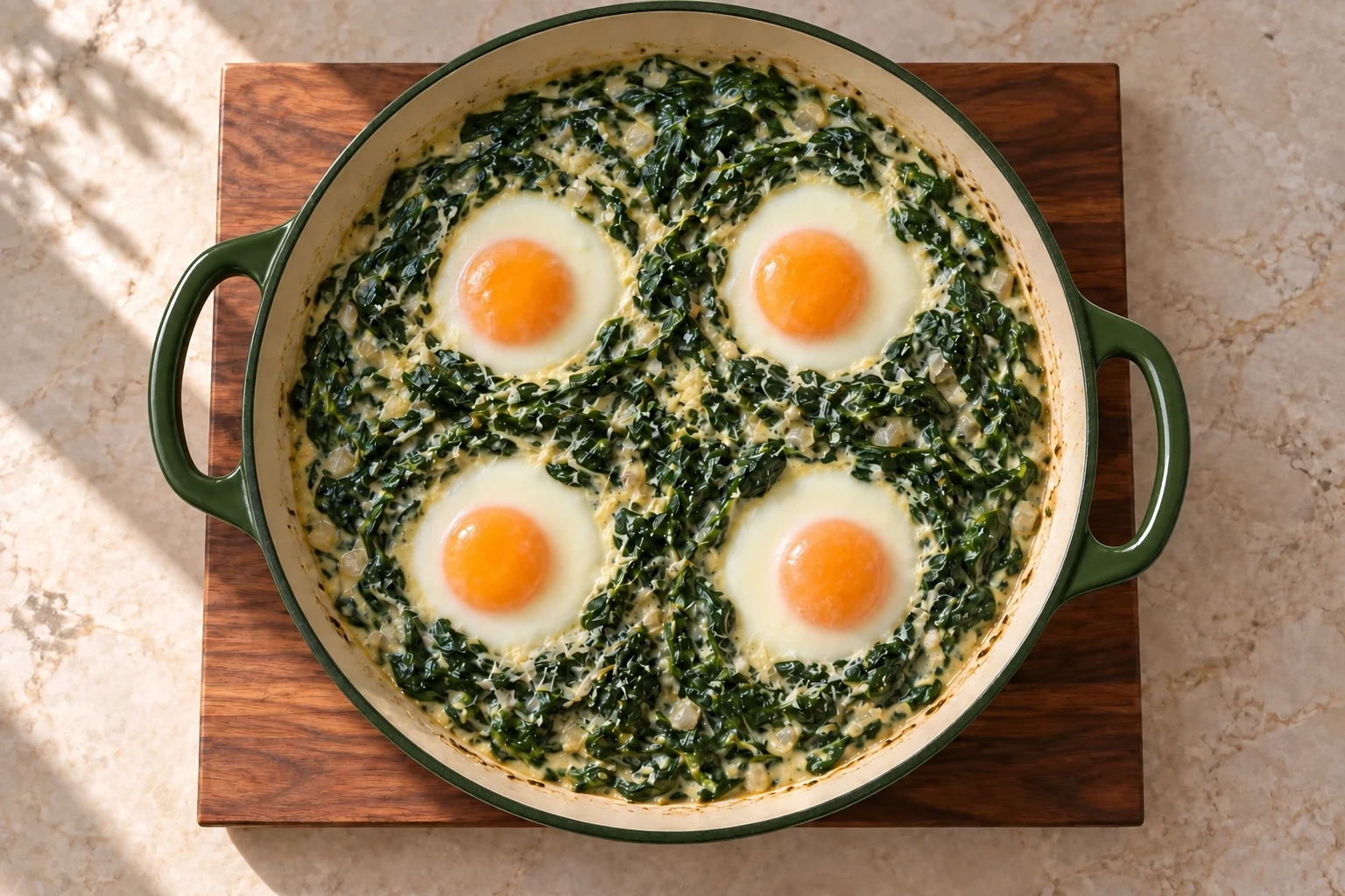 Overhead Eggs Florentine in Artichaut skillet with four unseasoned eggs