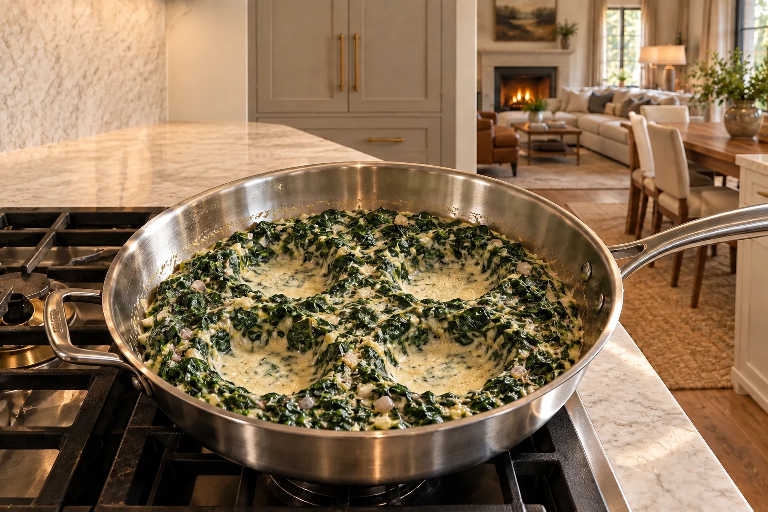 Thick spinach Romano sauce with four empty egg wells