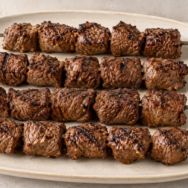Close platter of exactly four rested Greek beef kabob skewers