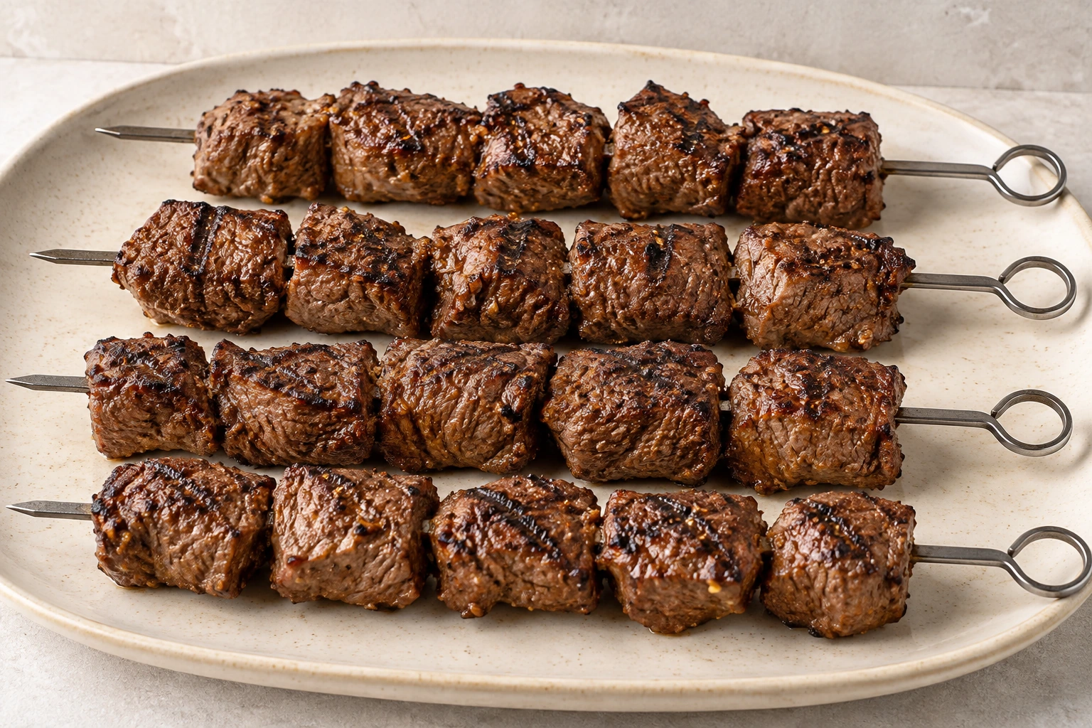 Close platter of exactly four rested Greek beef kabob skewers
