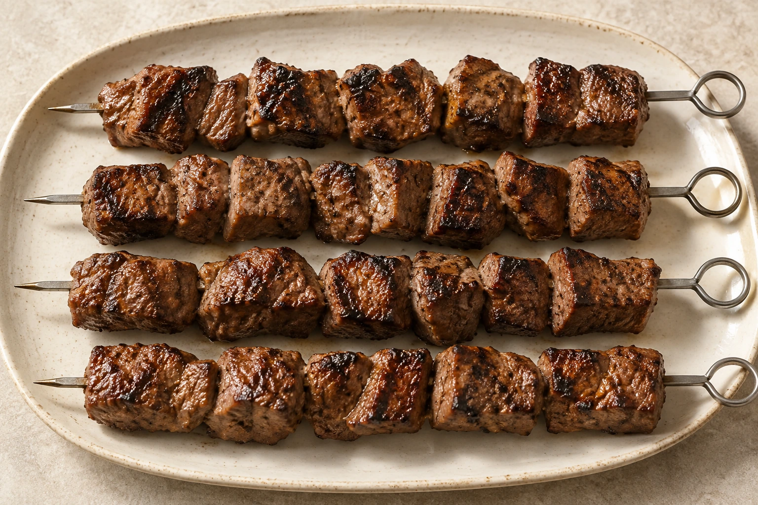 Overhead platter of exactly four rested Greek beef kabob skewers