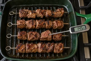 Four beef skewers at 145 degrees Fahrenheit in an Artichaut grill pan
