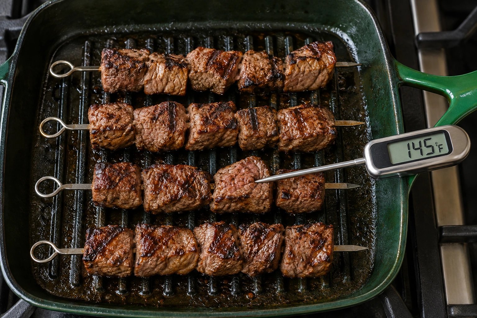 Four beef skewers at 145 degrees Fahrenheit in an Artichaut grill pan