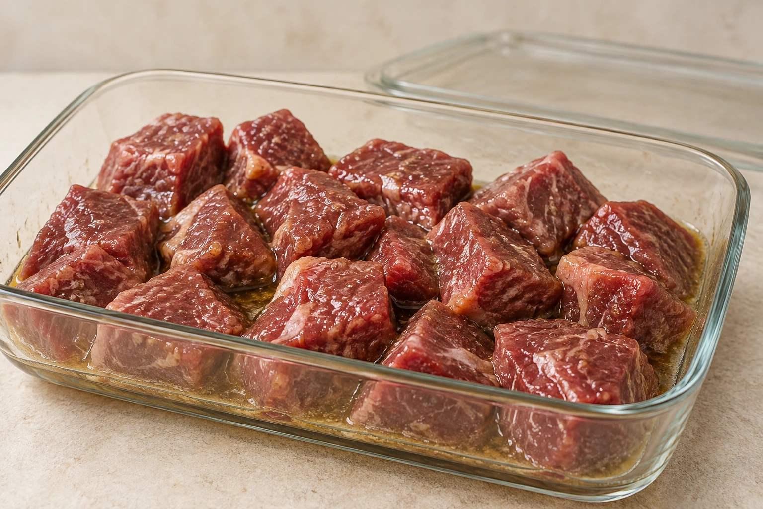 Raw sirloin cubes coated with measured ghee cider vinegar and garlic powder marinade