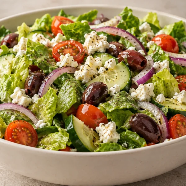 Greek salad with romaine cucumber tomatoes olives red onion and feta