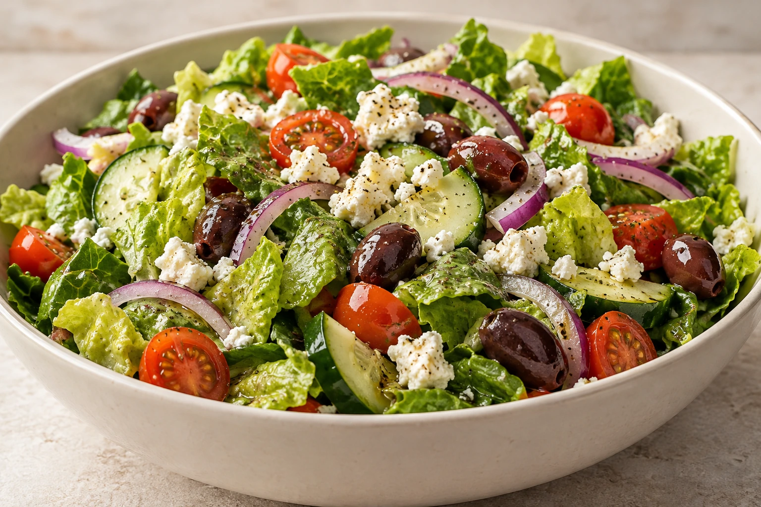 Greek salad with romaine cucumber tomatoes olives red onion and feta