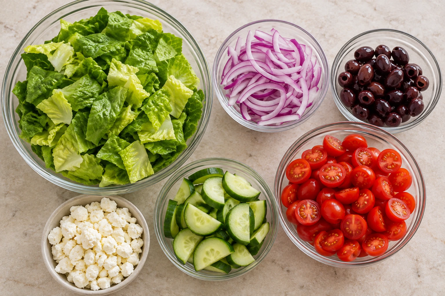 Measured romaine red onion olives feta cucumber and tomatoes for Greek salad