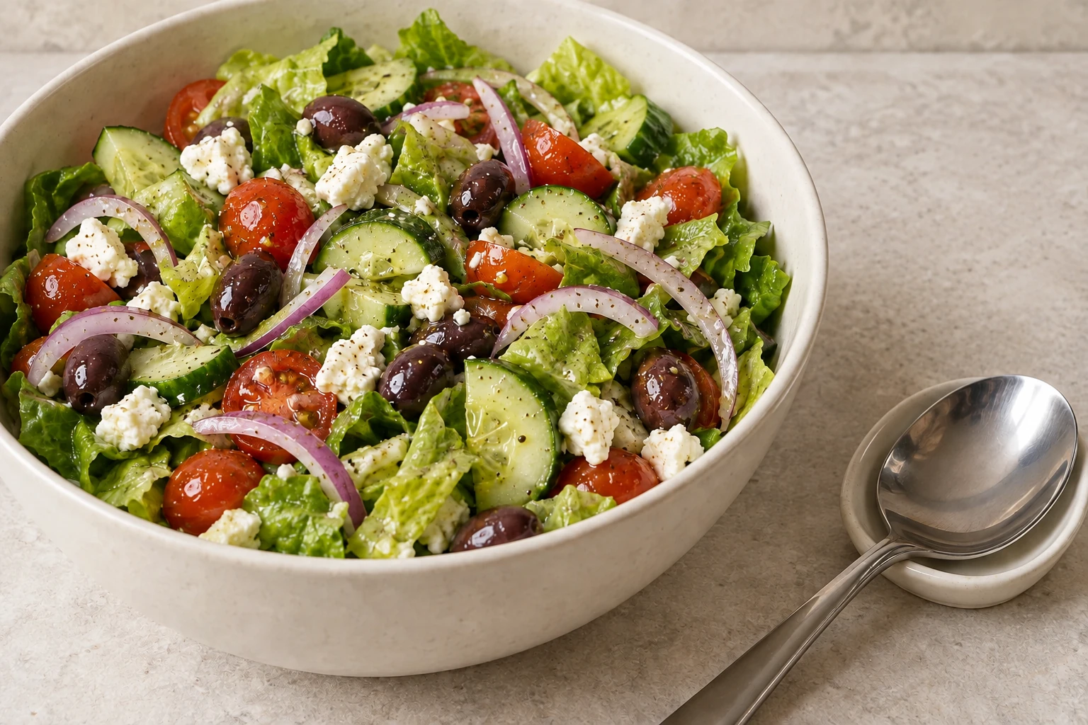 Greek salad after the complete cider vinaigrette has been tossed through