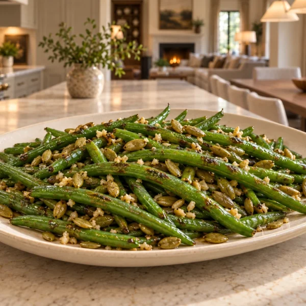 Green beans with brown butter garlic and unroasted prepared pepitas