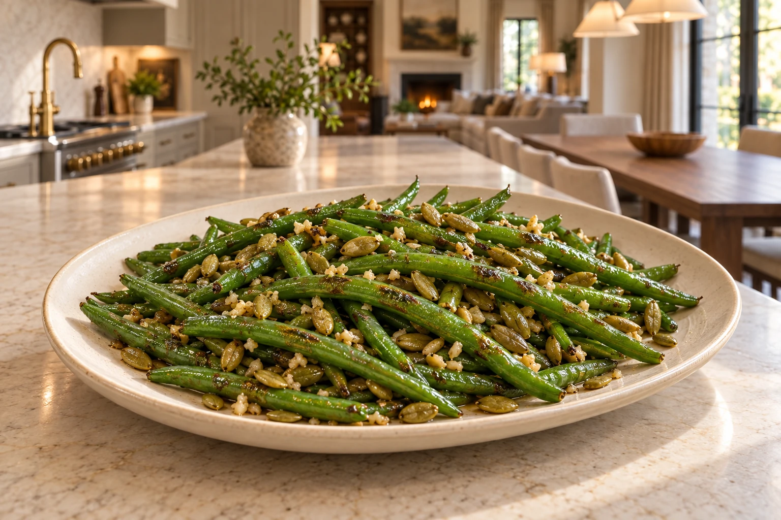 Green beans with brown butter garlic and unroasted prepared pepitas