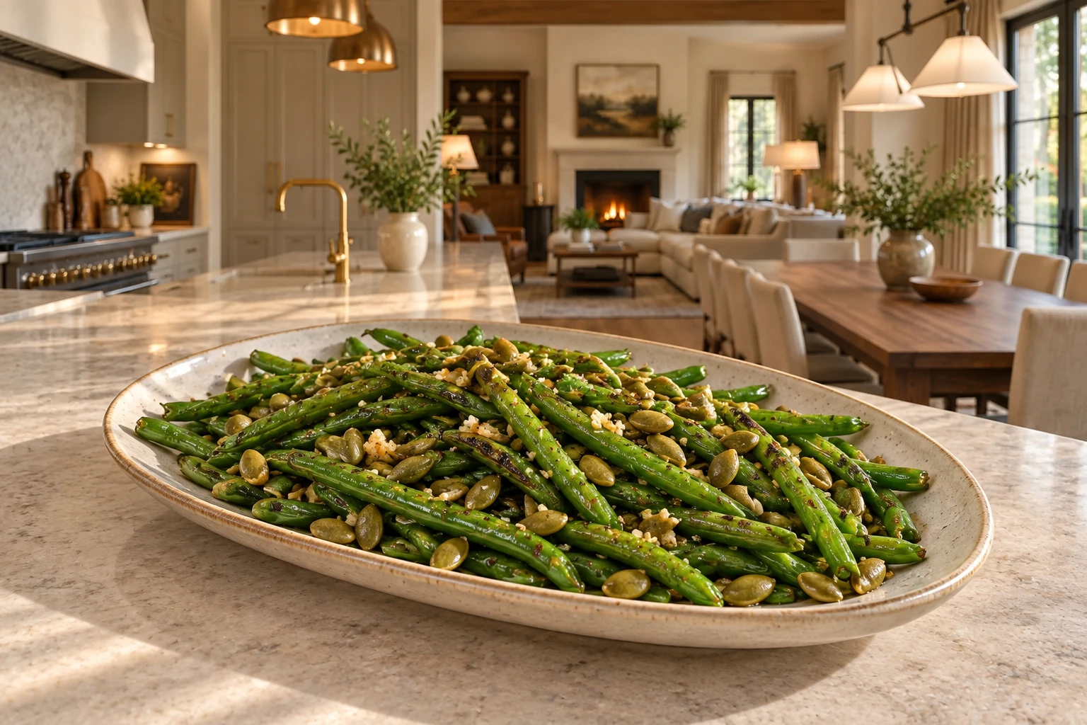 High-angle green beans with prepared unroasted pepitas