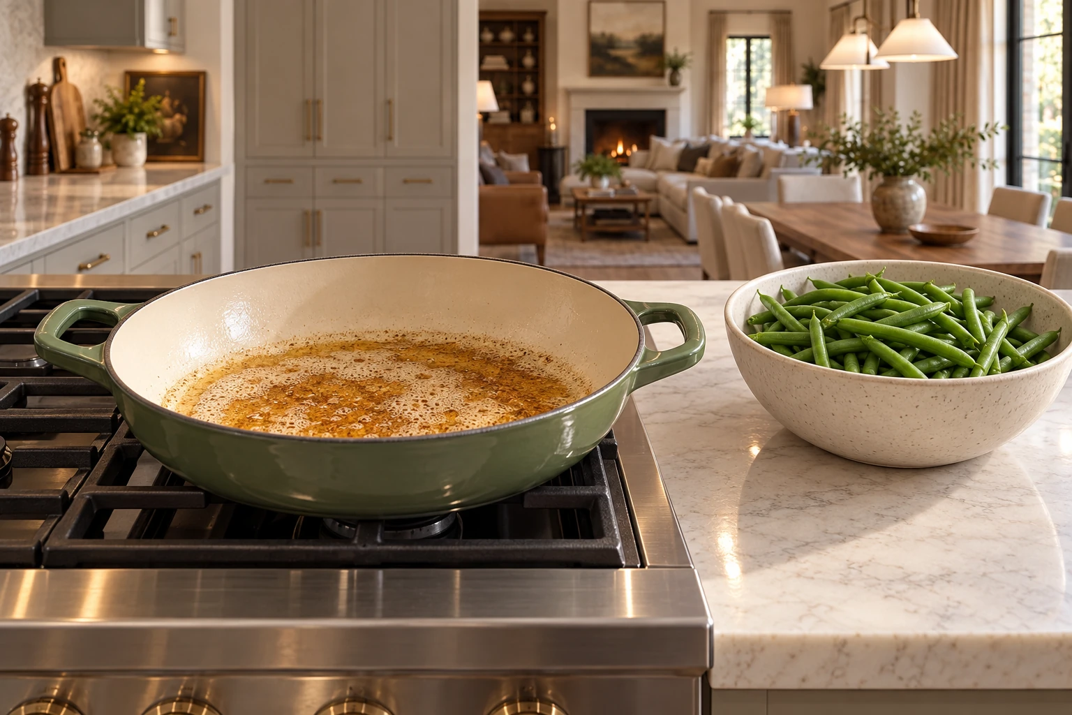 Golden brown butter beside measured trimmed green beans in Artichaut pan