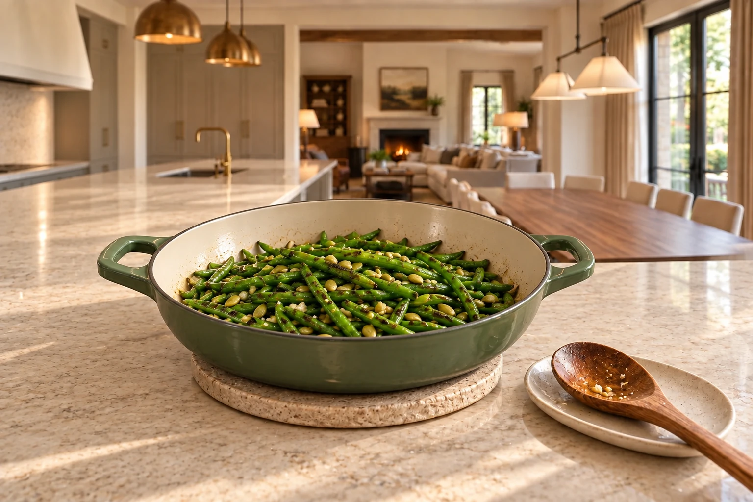 Off-heat green beans tossed with prepared unroasted pepitas in Artichaut pan