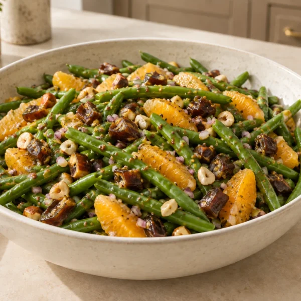 Eight-serving green bean salad with orange, dates and prepared hazelnuts