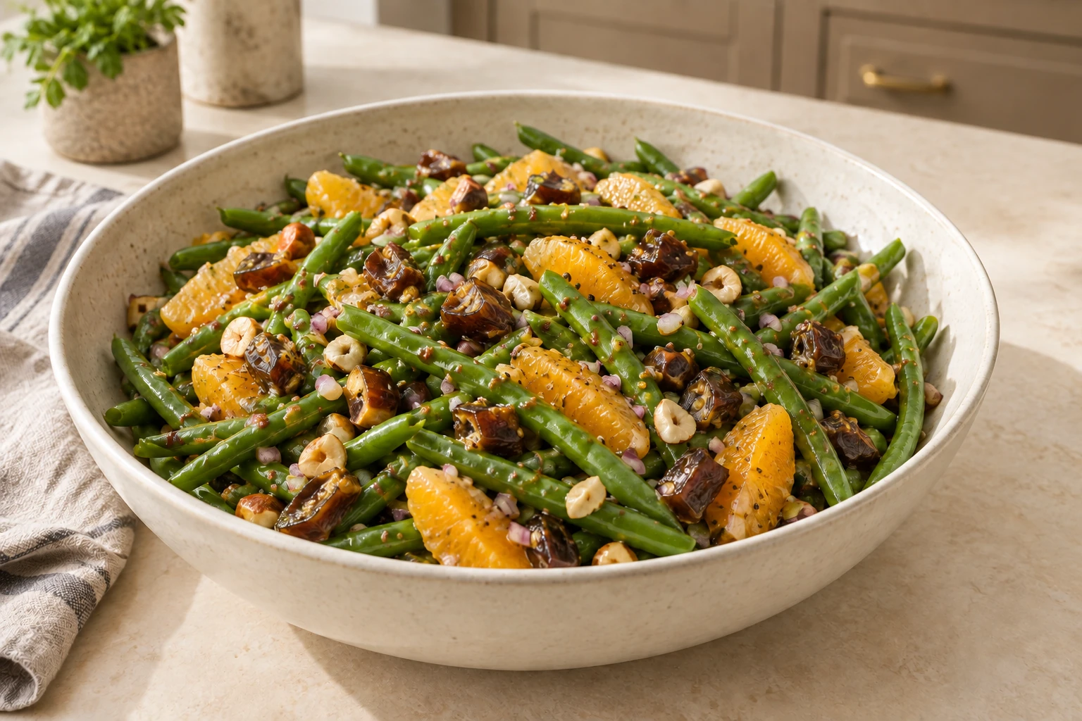 Eight-serving green bean salad with orange, dates and prepared hazelnuts