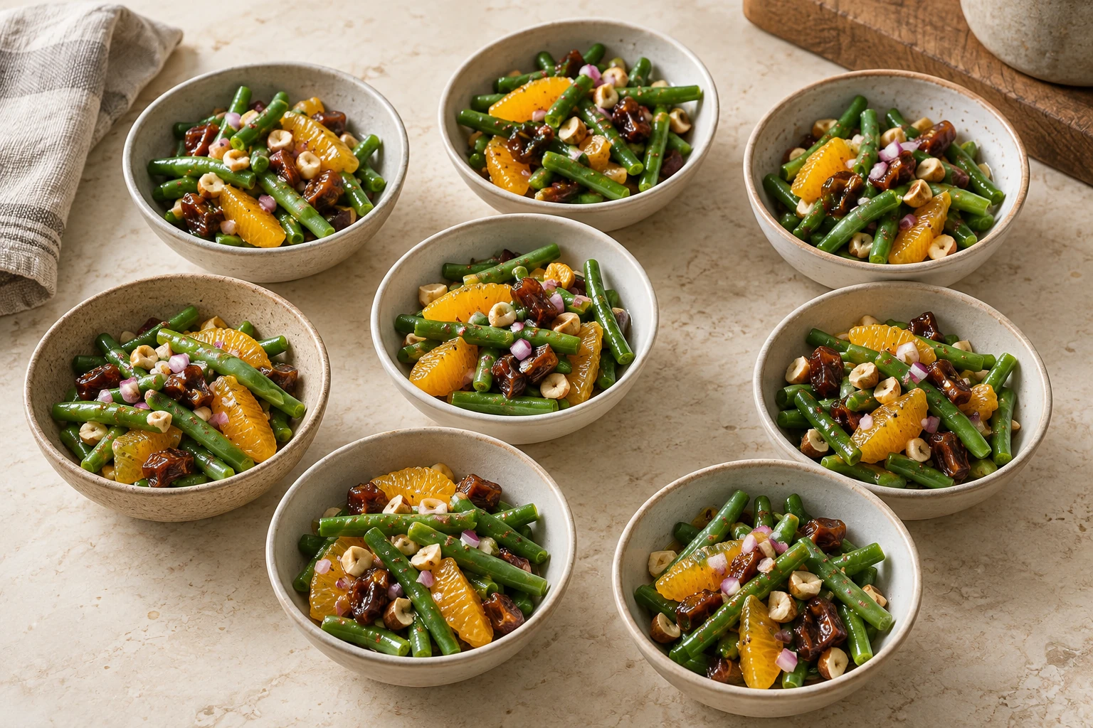 Exactly eight portions of green bean, orange, date and hazelnut salad