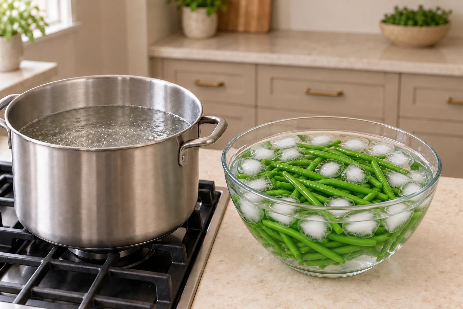 Blanched green beans resting in a clear glass bowl of ice water beside the empty stainless blanching pot