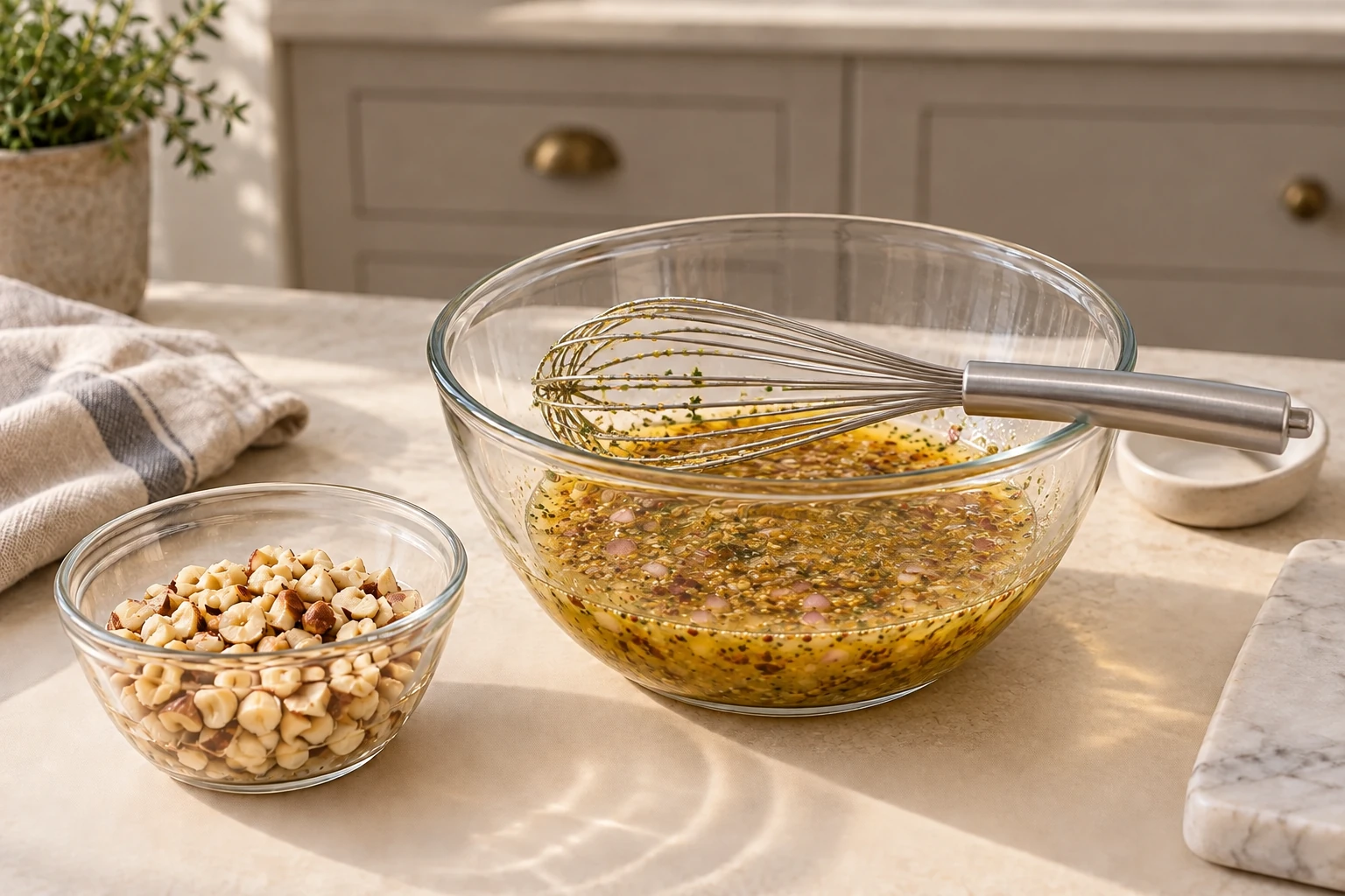 Cider honey mustard dressing beside measured prepared hazelnuts with whisk supported across bowl and ceramic rest