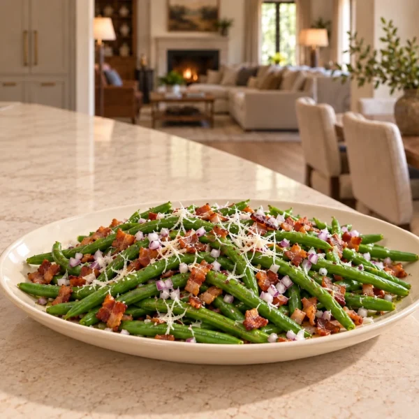 Green beans with crisp salt-only bacon red onion and Pecorino