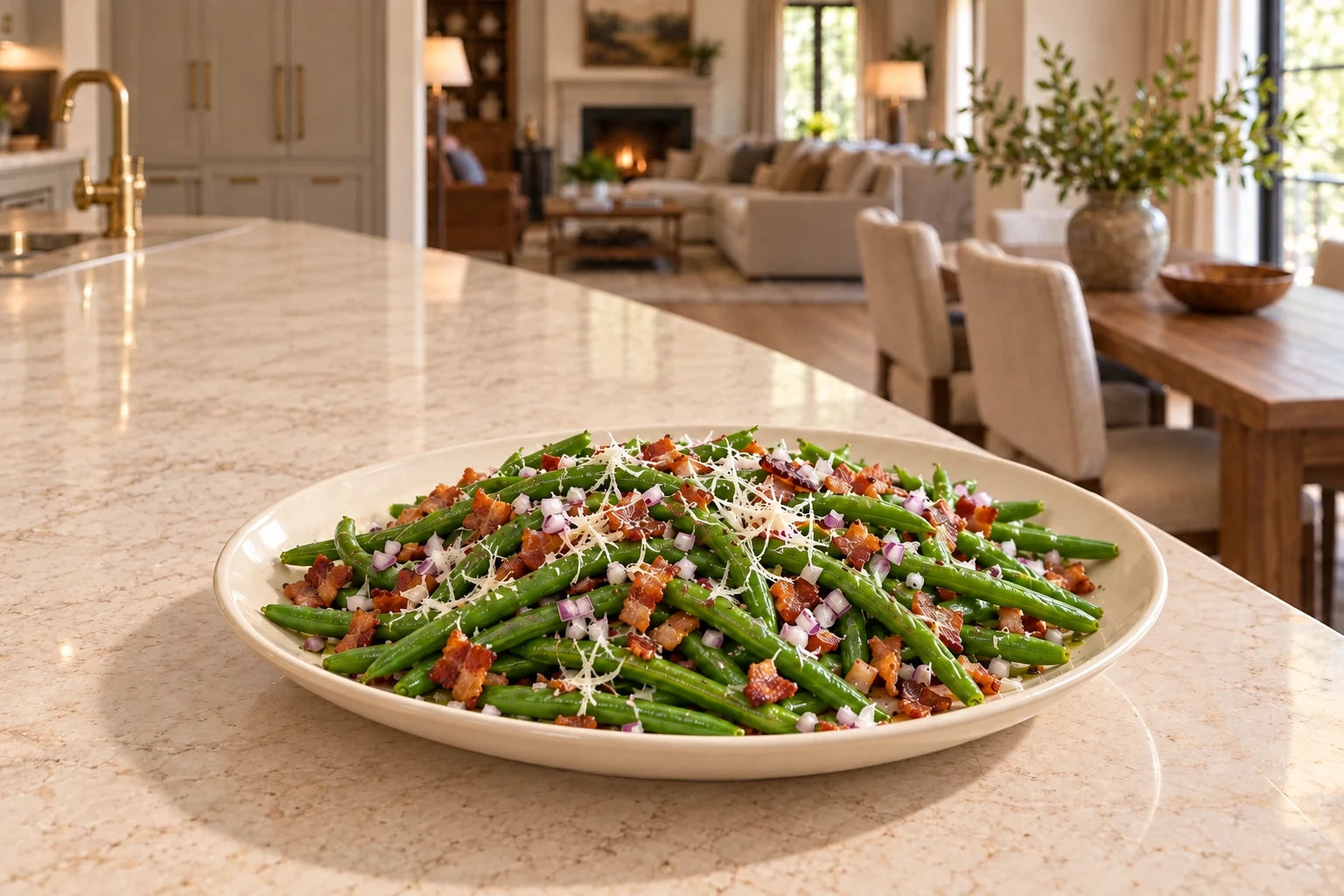 Green beans with crisp salt-only bacon red onion and Pecorino