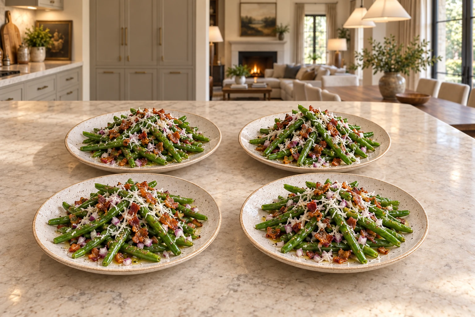 Four servings of dressed green beans with bacon and Pecorino