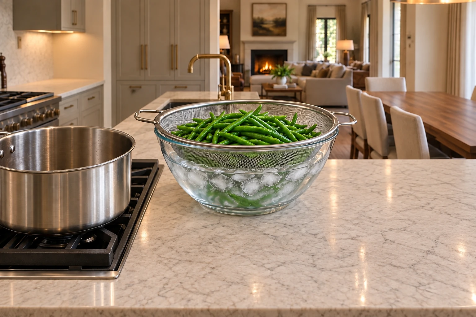 Bright green beans draining in supported strainer after ice bath