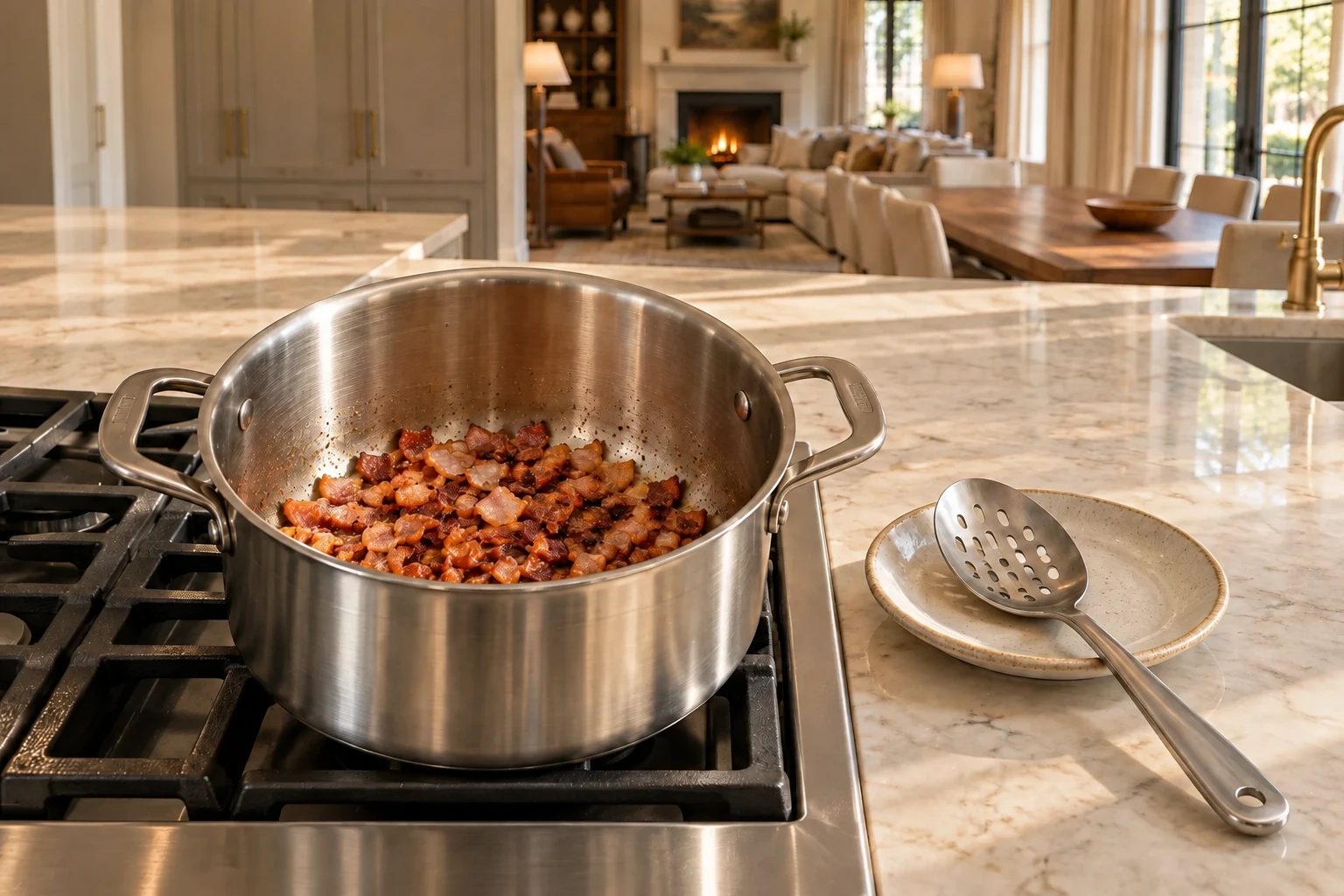 Crisp salt-only bacon in stainless pot with spoon resting on saucer