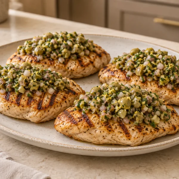 Four grilled chicken breasts topped with chunky green olive tapenade
