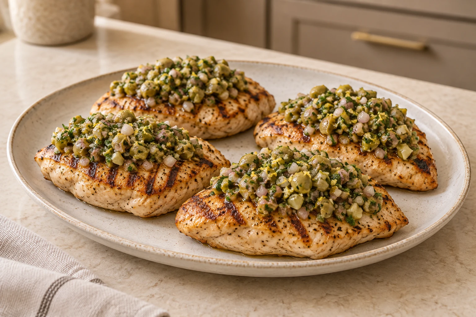 Four grilled chicken breasts topped with chunky green olive tapenade