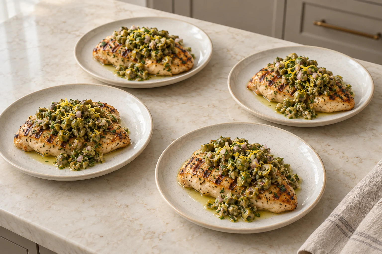 Exactly four plated servings of grilled chicken with green olive tapenade