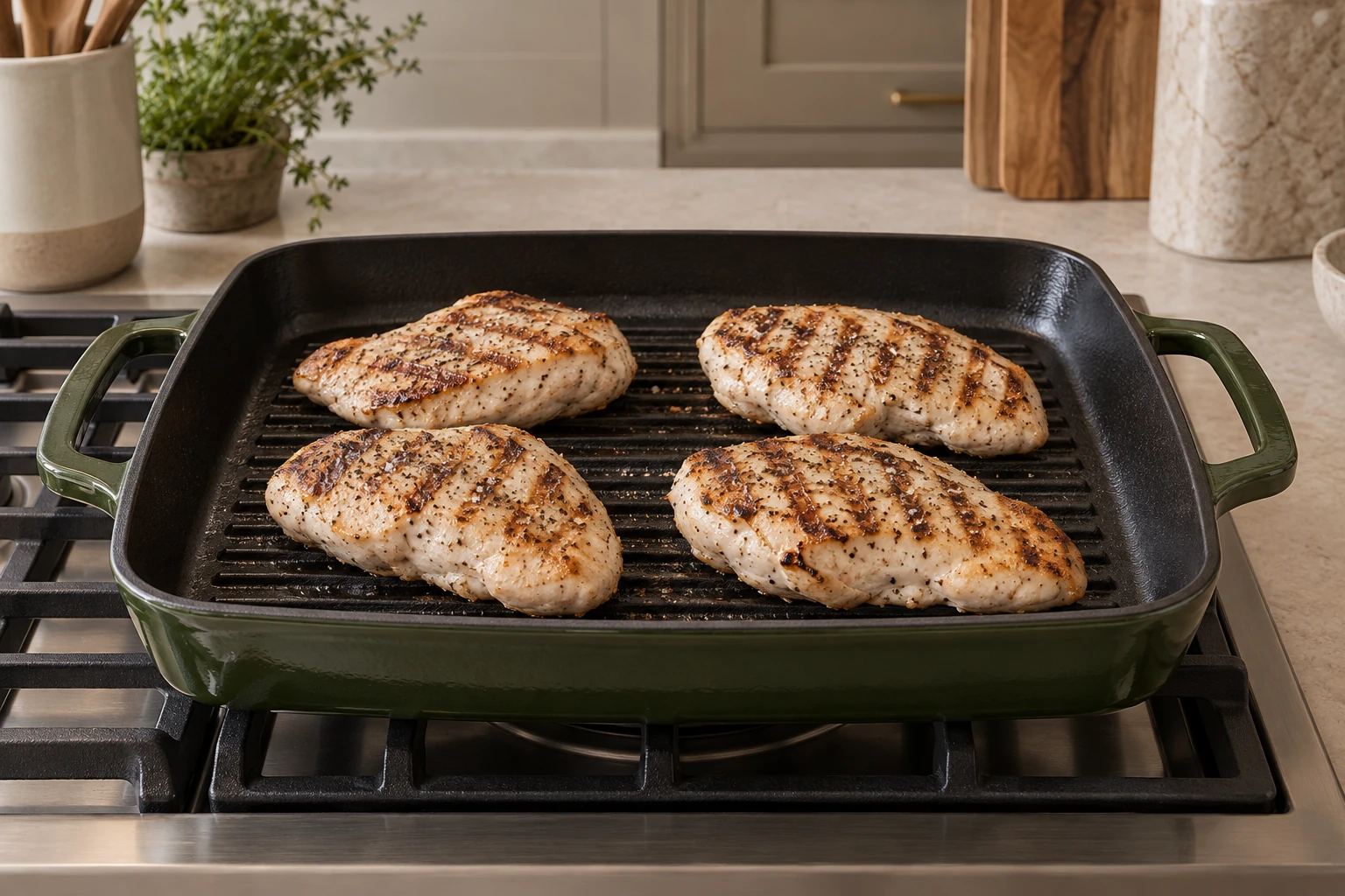 Exactly four seasoned chicken breasts cooking on an indoor Artichaut grill pan