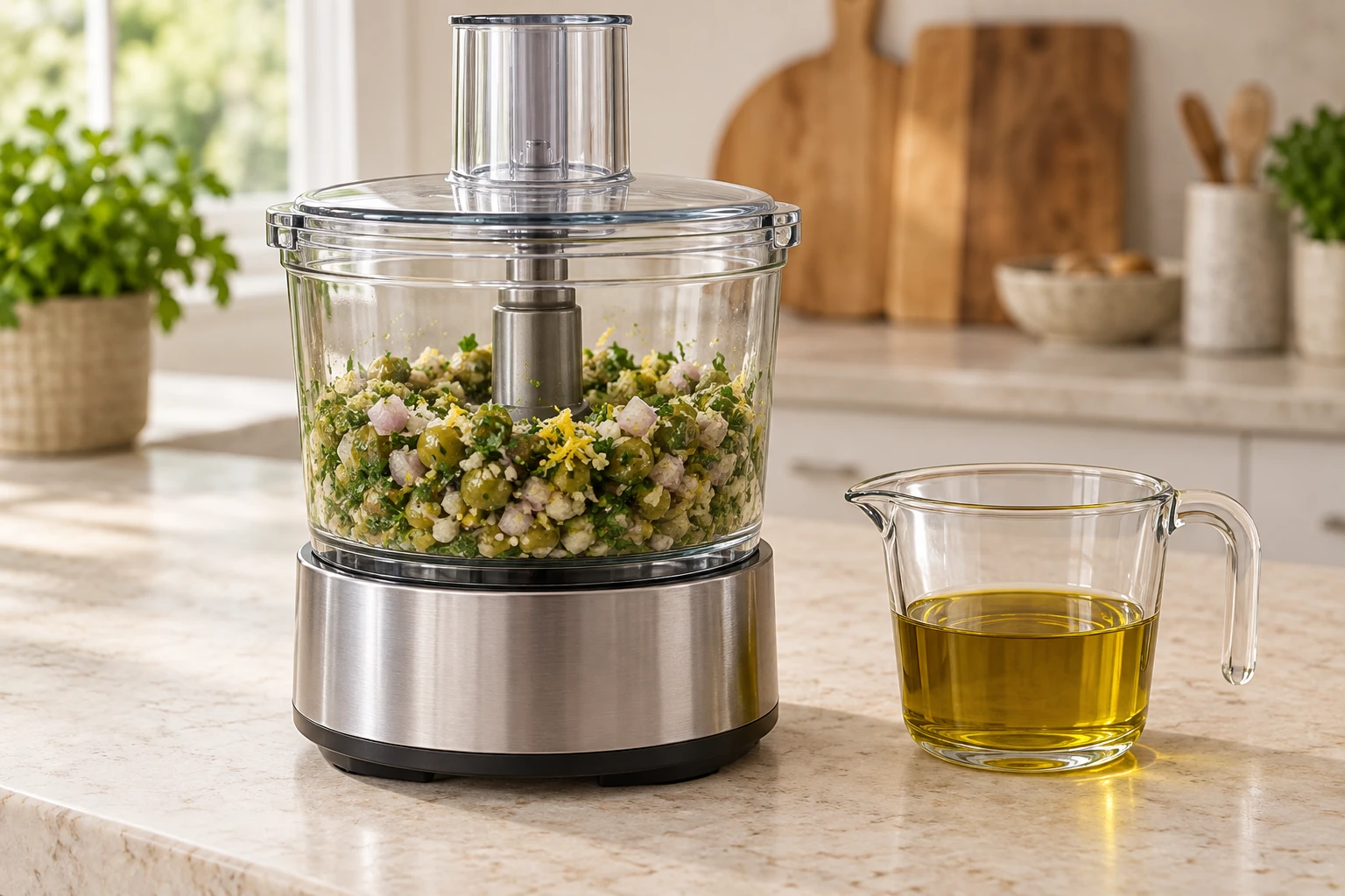 Coarse green olive tapenade solids in a glass-bowl food processor beside separate raw olive oil