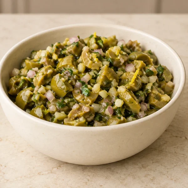 Chunky green olive tapenade in a supported ceramic bowl