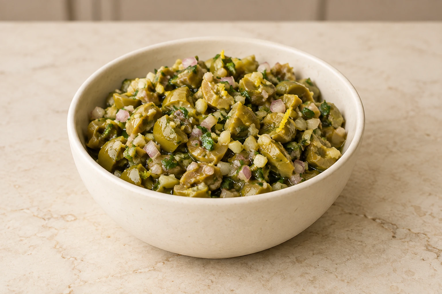 Chunky green olive tapenade in a supported ceramic bowl