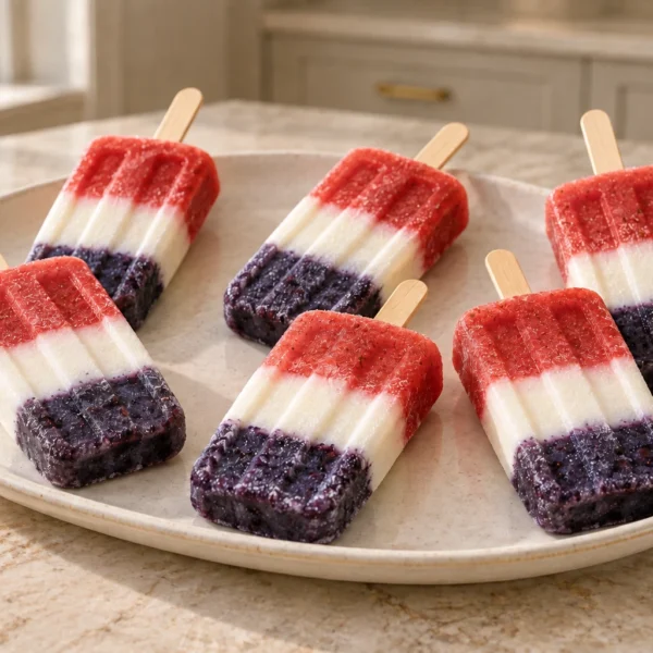 Exactly six blue-white-red fruit and yogurt pops on a cream ceramic platter