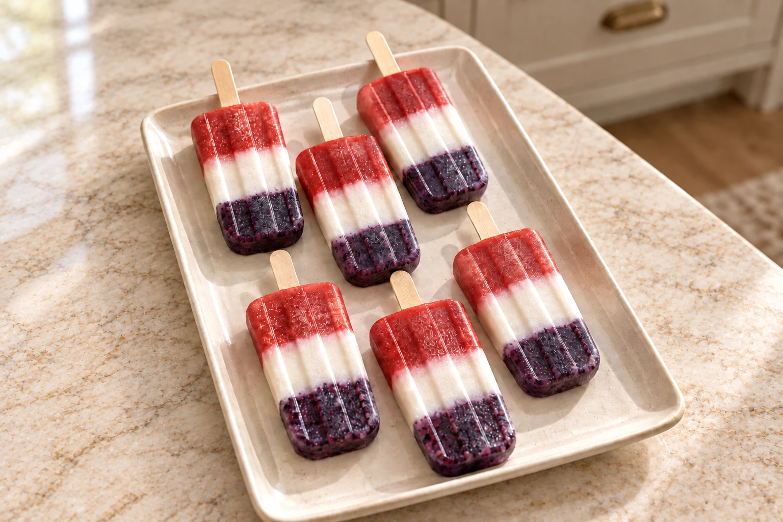 Six layered blueberry yogurt and strawberry pops from a high second angle