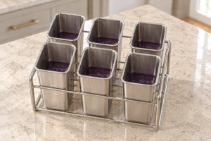 Six supported stainless pop molds filled one-third with blueberry puree